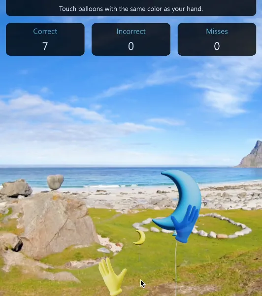Aplicação de acompanhamento a mostrar um exercício VR de aquecimento com balões, com pontuação em tempo real e controlos de sessão
