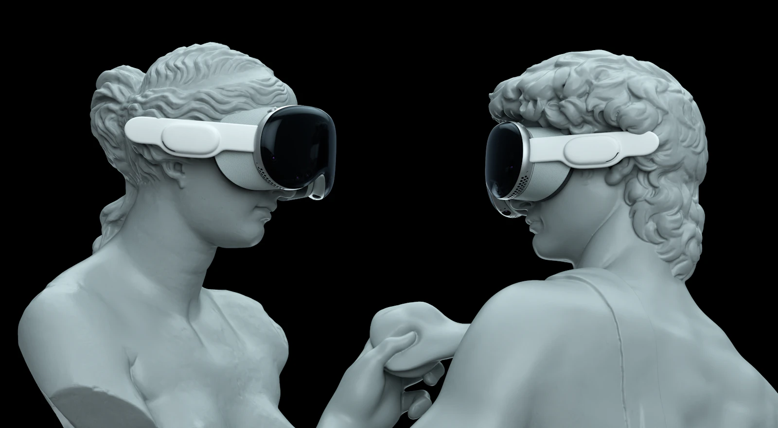 Duas estátuas clássicas com óculos de realidade virtual